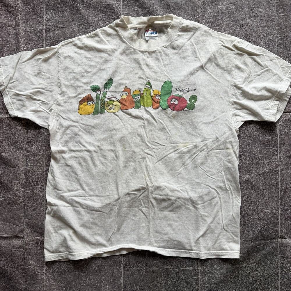 Men's Vintage 90's Hanes Veggie Tales Character Cast White Promo T Shirt Sz XL